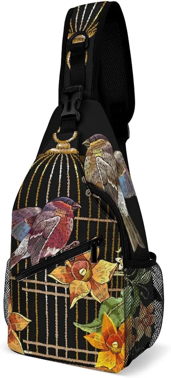 Embroidery Flowers Birds Sling Bag Crossbody for Women Men Lightweight Adjustable Extender Strap Ethnic Shoulder Backpack with Water Bottle Holder Casual Daypack for Hiking Travel