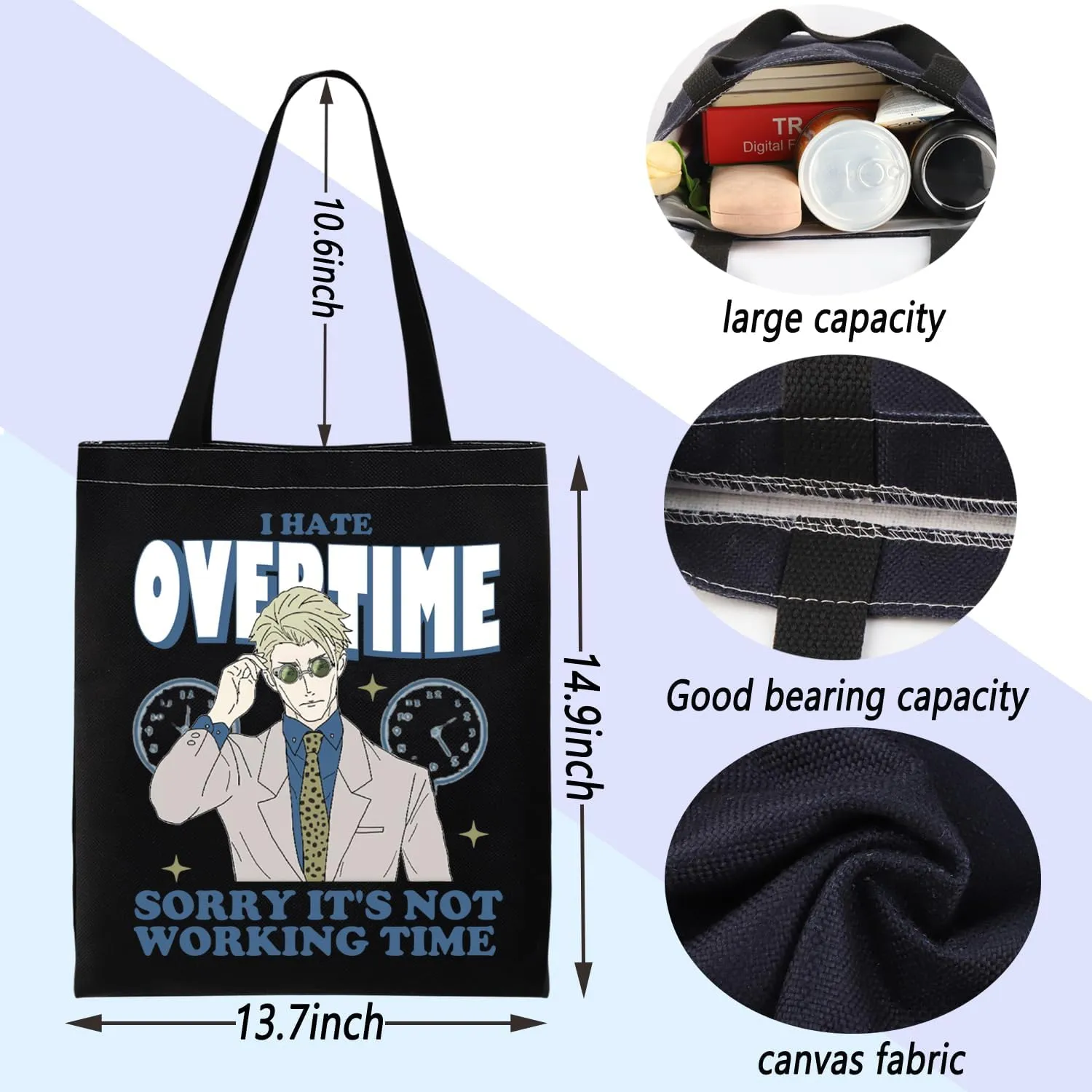 ENSIANTH JJK Inspired Tote Bag I hate Overtime Anime Lover Gift Sorcerer Curse Fighter Japanese Anime Fan Shopping Bag