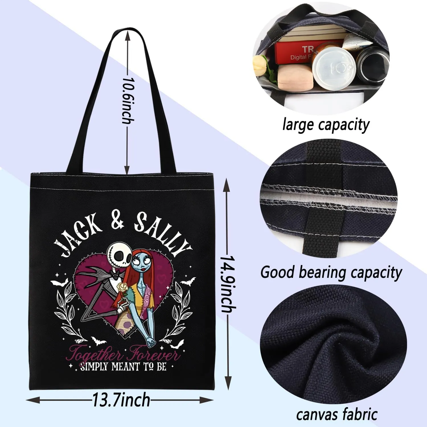ENSIANTH Movie Inspired Gift Jack And Sally Lover Tote Bag Valentine Gothic Gift Simply Meant To Be Handbag