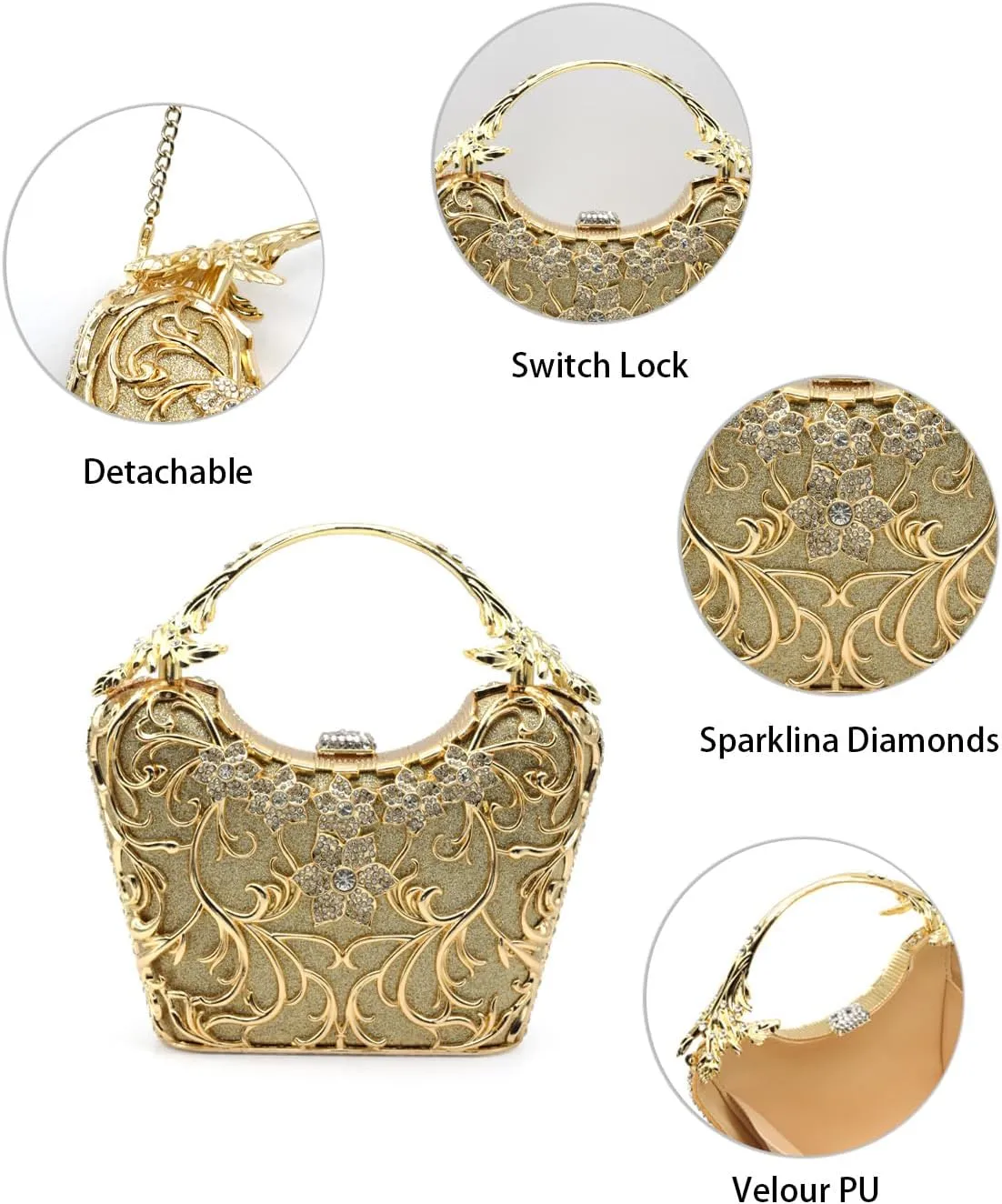 Evening Clutch Purse for Women Formal, Metallic Evening Handbags Metal Chain Shoulder Bag, Rhinestone Purse