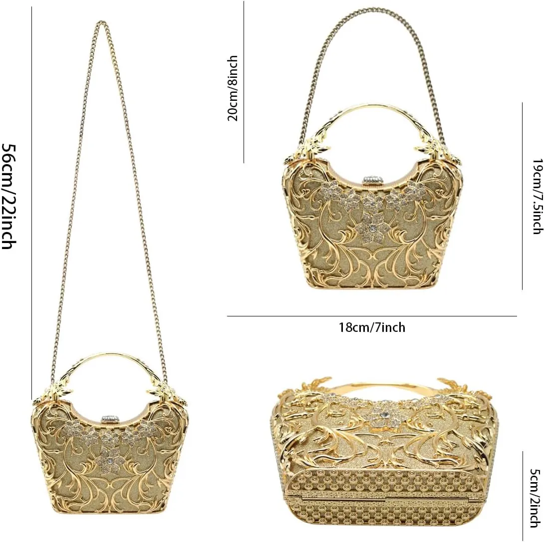 Evening Clutch Purse for Women Formal, Metallic Evening Handbags Metal Chain Shoulder Bag, Rhinestone Purse