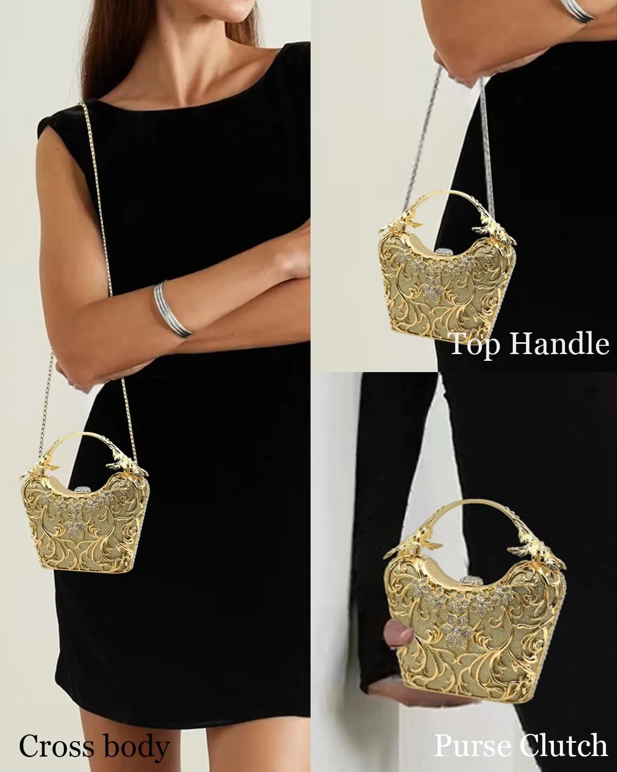 Evening Clutch Purse for Women Formal, Metallic Evening Handbags Metal Chain Shoulder Bag, Rhinestone Purse