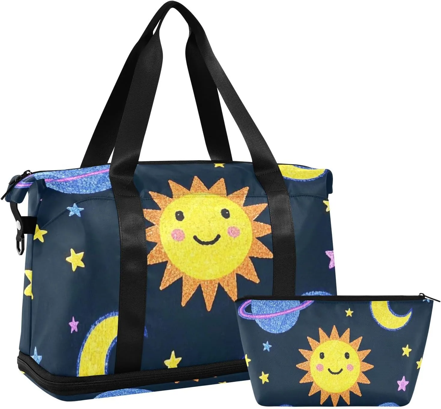 Fake Glitter Cartoon Sun Moon Duffel Bags Carry On Tote Bag with Adjustable Strap for Trip Large Capacity