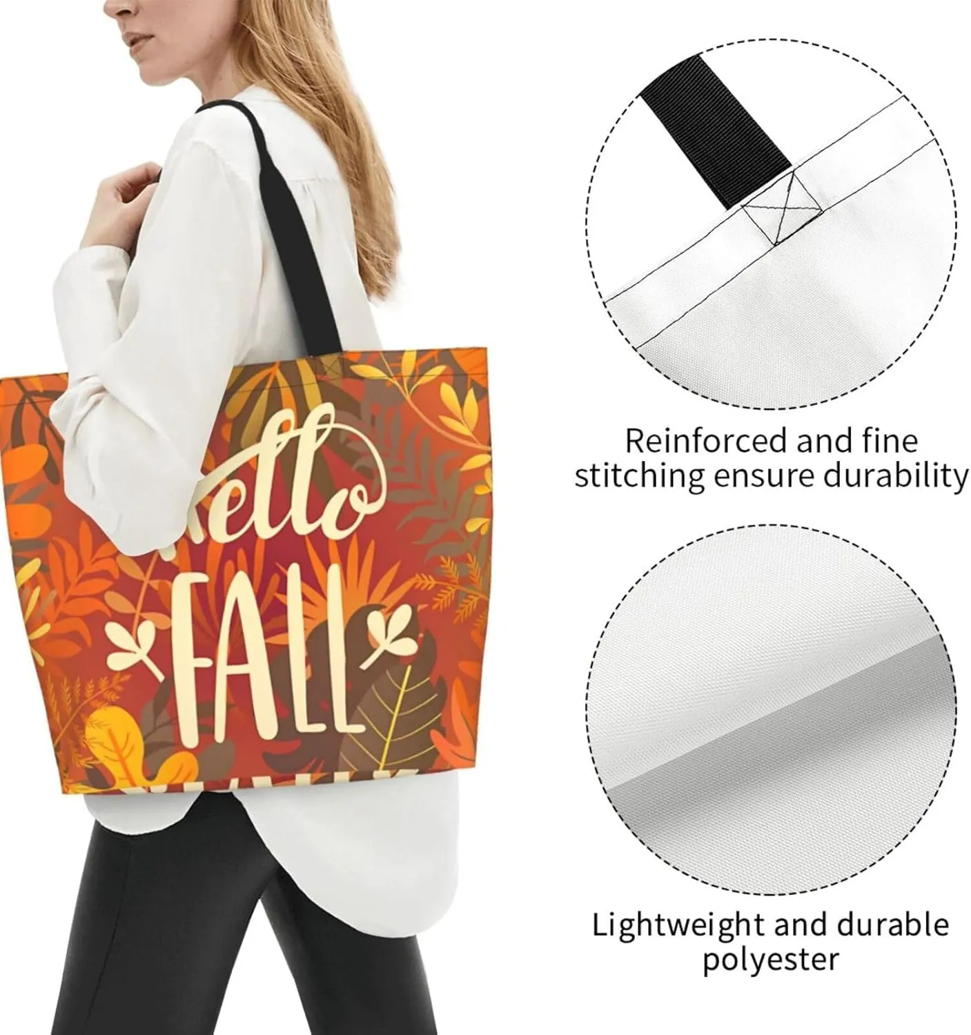 Fall Large Tote Bag Maple Leaf Pumpkin Thanksgiving Day Reusable Shoulder Tote Travel Bags