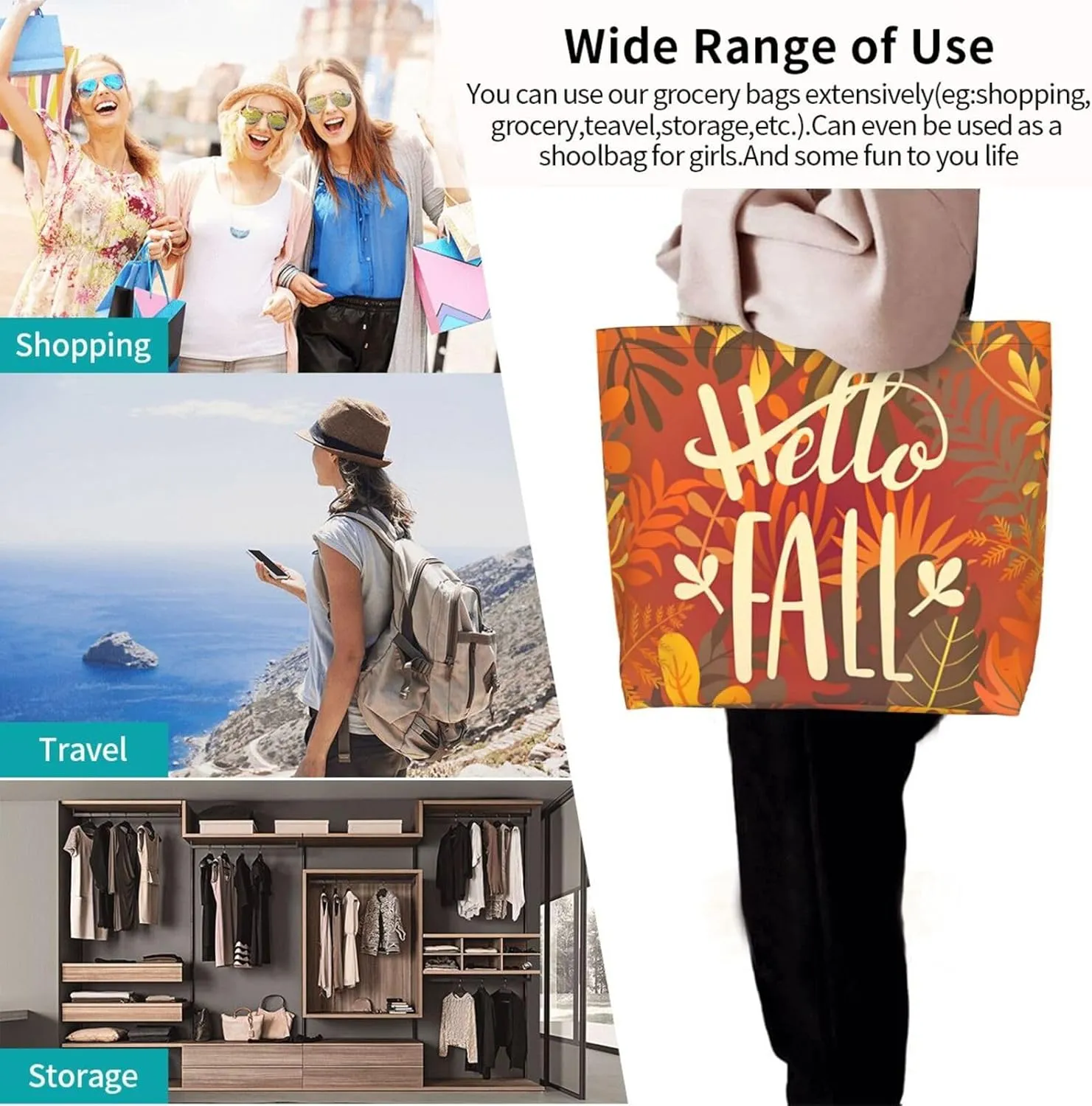Fall Large Tote Bag Maple Leaf Pumpkin Thanksgiving Day Reusable Shoulder Tote Travel Bags