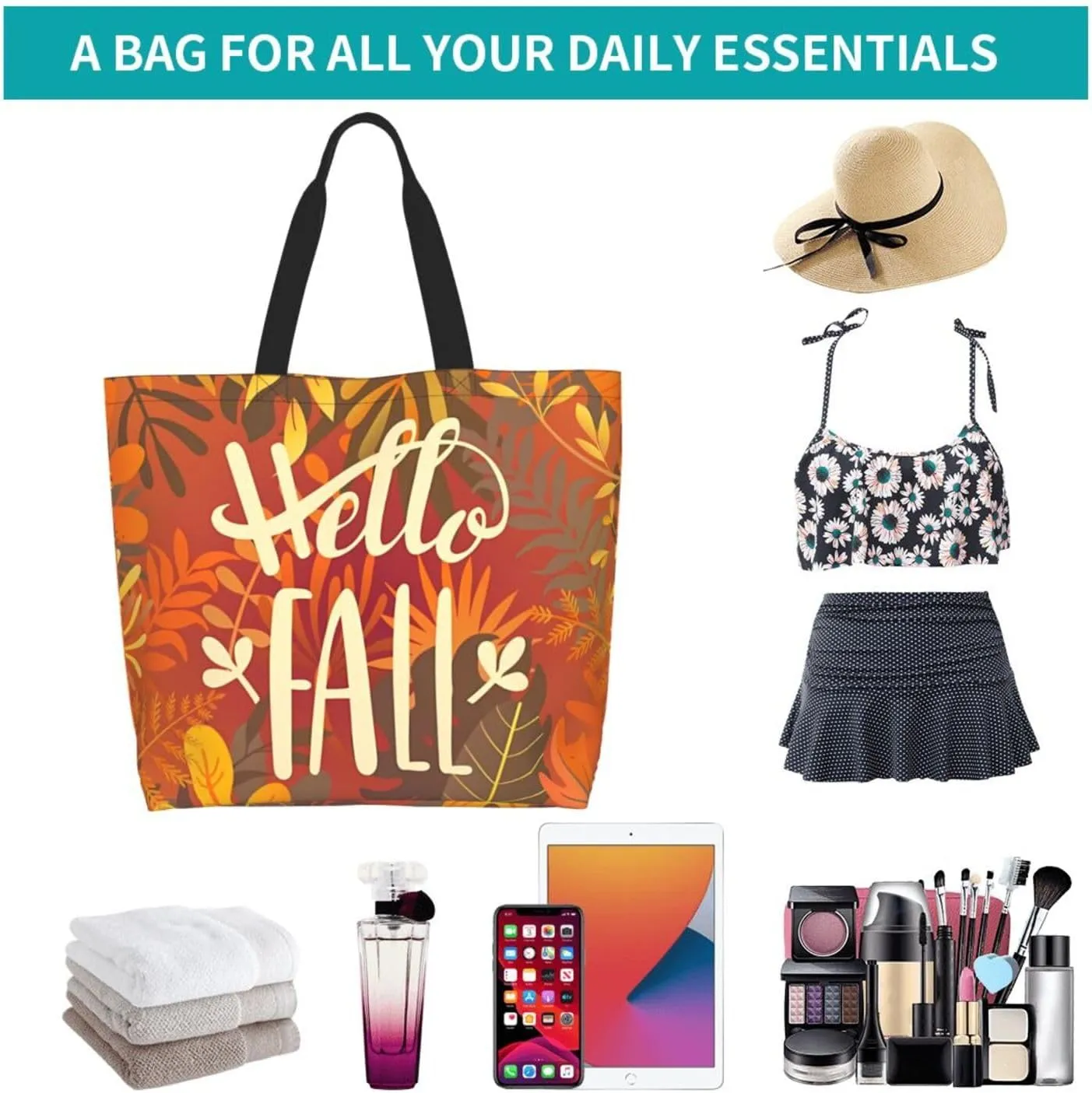 Fall Large Tote Bag Maple Leaf Pumpkin Thanksgiving Day Reusable Shoulder Tote Travel Bags