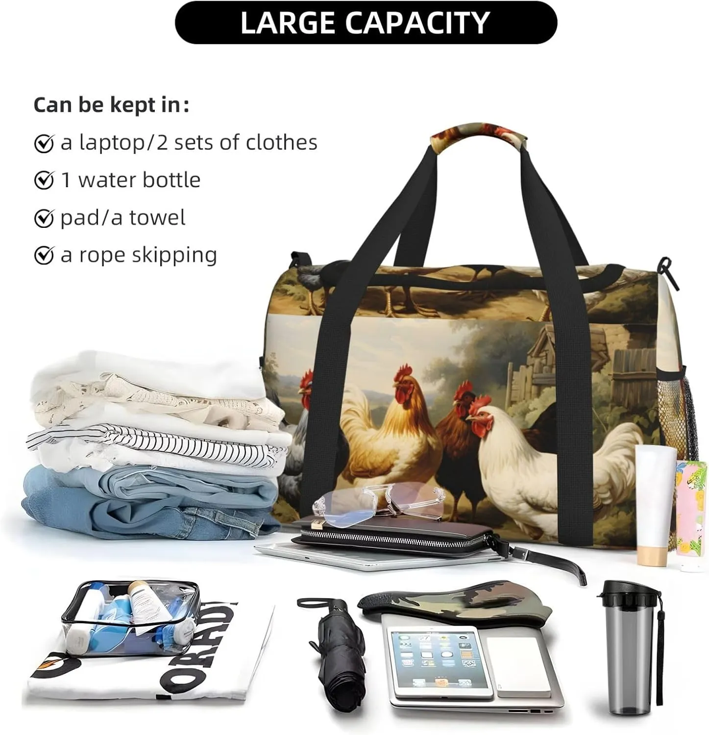 Farm Hens Duffle Bag Foldable Travel Tote Bag Carry On Large Weekender Overnight Bags Waterproof Gym Bag For Women Men