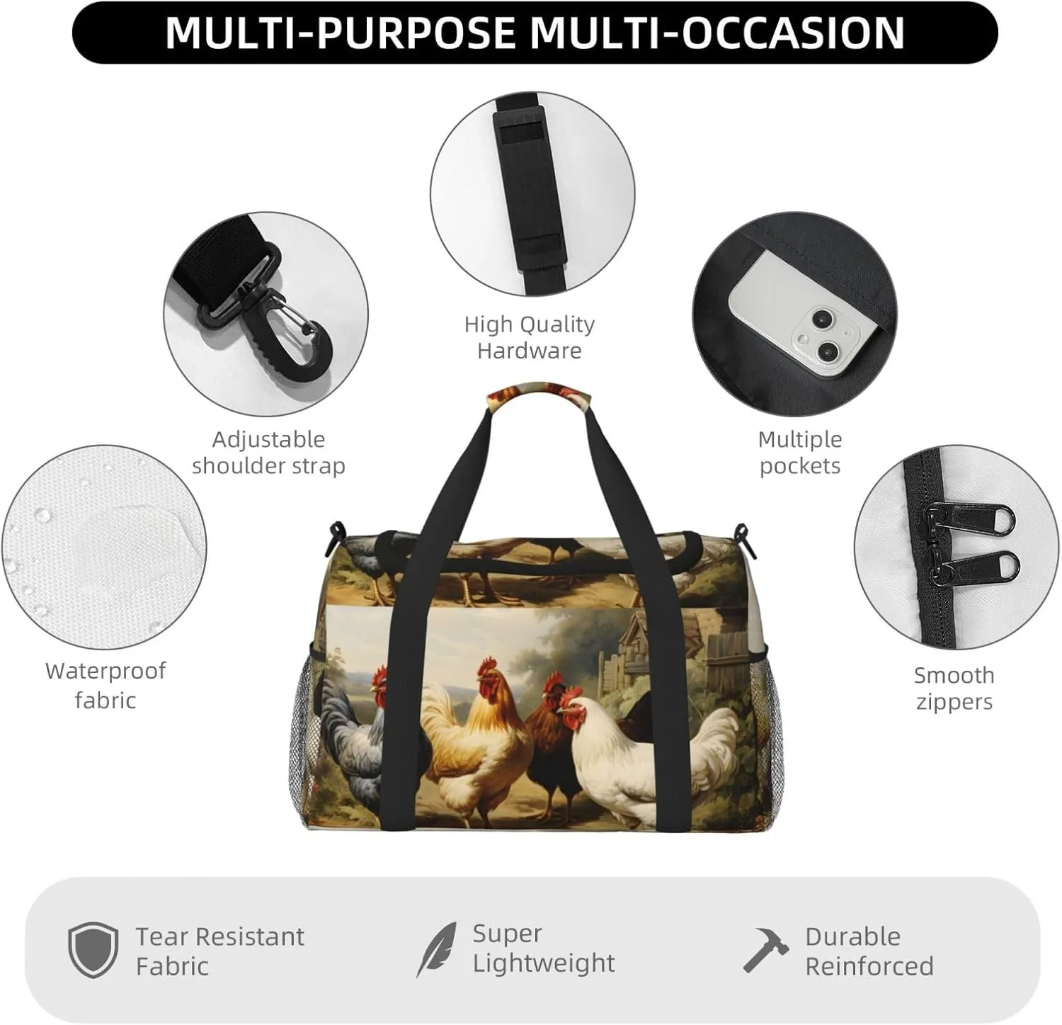 Farm Hens Duffle Bag Foldable Travel Tote Bag Carry On Large Weekender Overnight Bags Waterproof Gym Bag For Women Men
