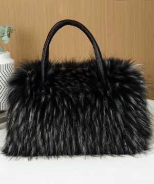 Fashion Black Large Capacity Raccoon Hair Tote Handbag