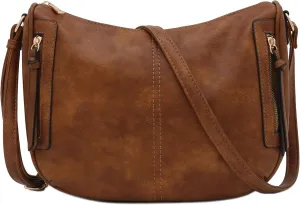 FashionPuzzle Faux Leather Two Front Zipper Pocket Crossbody Saddle Bag (Saddle Brown)