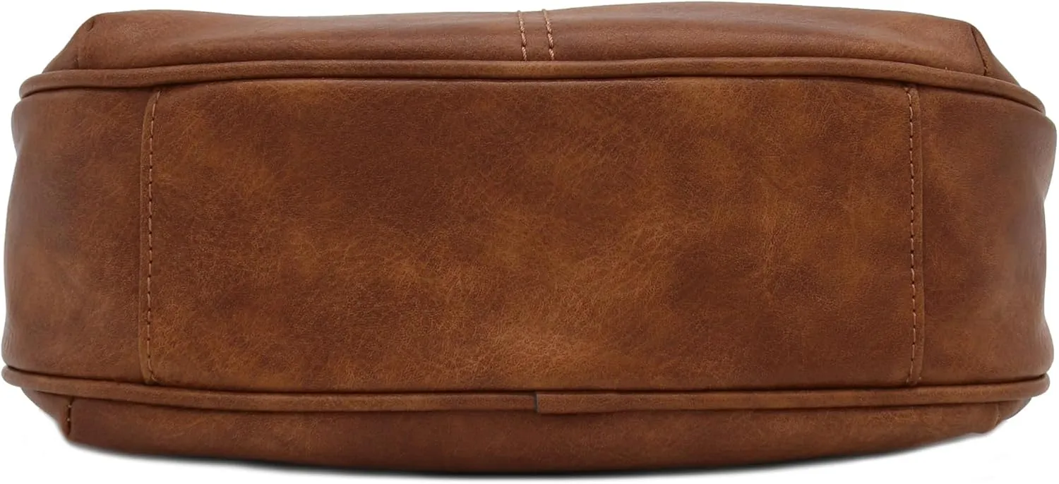 FashionPuzzle Faux Leather Two Front Zipper Pocket Crossbody Saddle Bag (Saddle Brown)