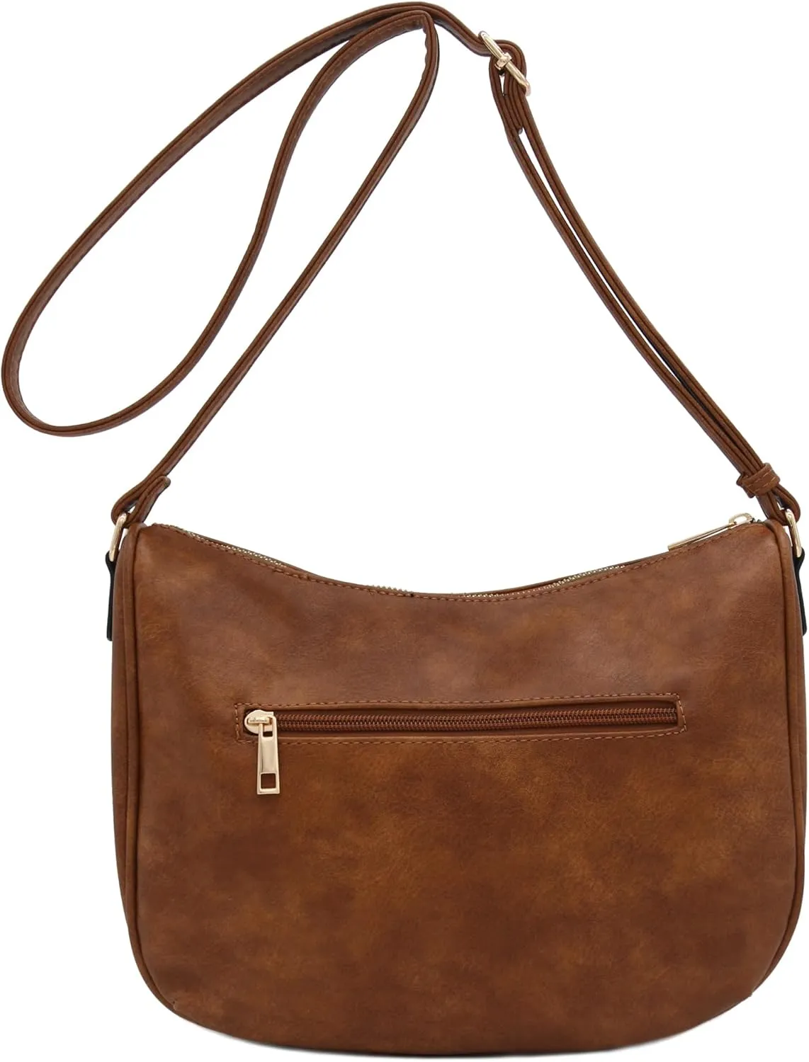 FashionPuzzle Faux Leather Two Front Zipper Pocket Crossbody Saddle Bag (Saddle Brown)