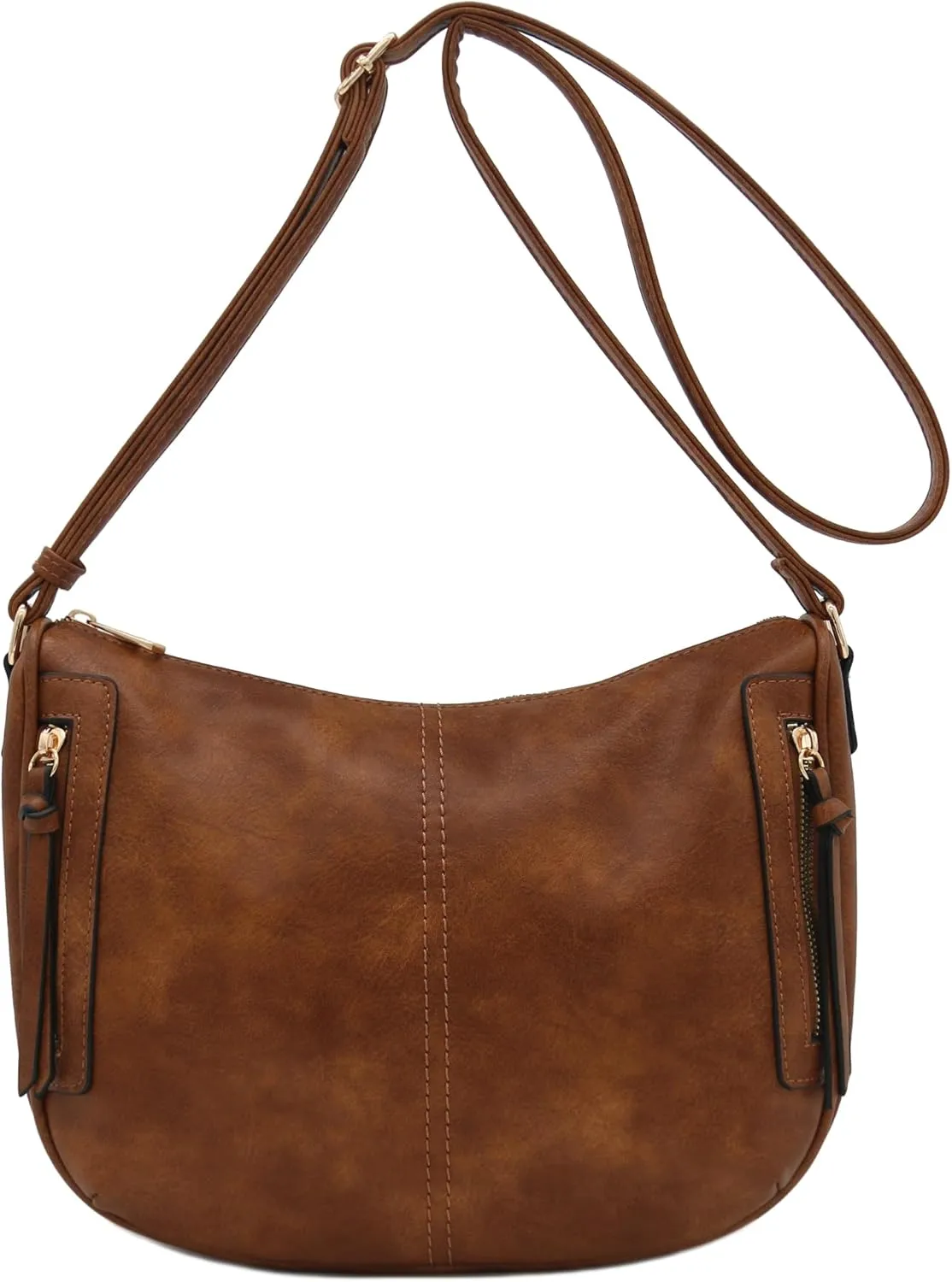 FashionPuzzle Faux Leather Two Front Zipper Pocket Crossbody Saddle Bag (Saddle Brown)