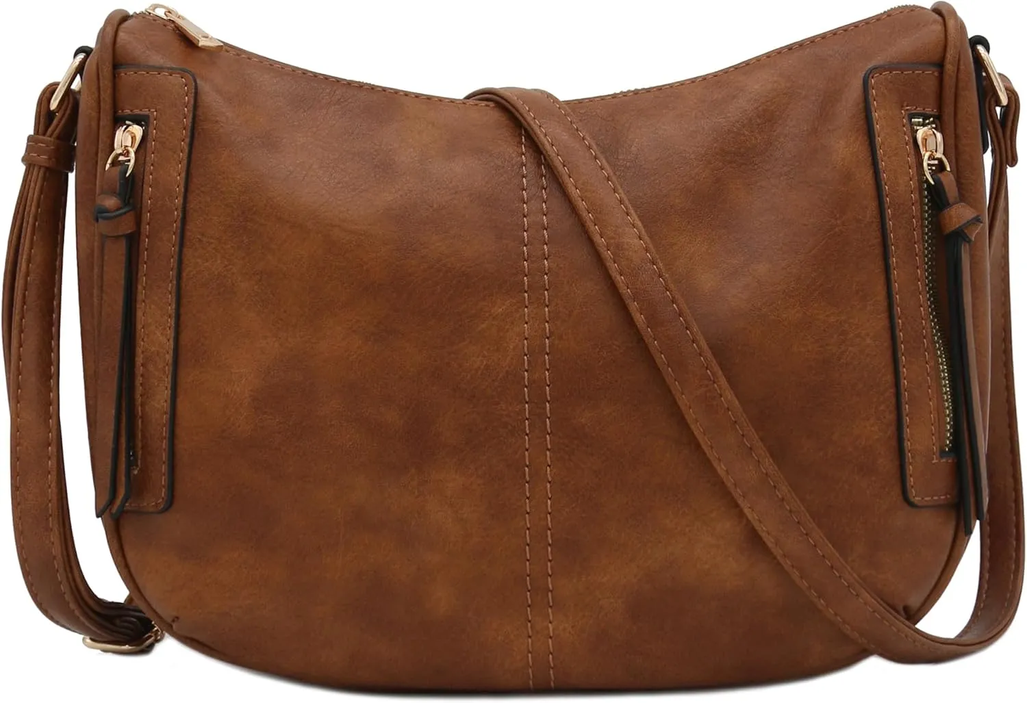 FashionPuzzle Faux Leather Two Front Zipper Pocket Crossbody Saddle Bag (Saddle Brown)