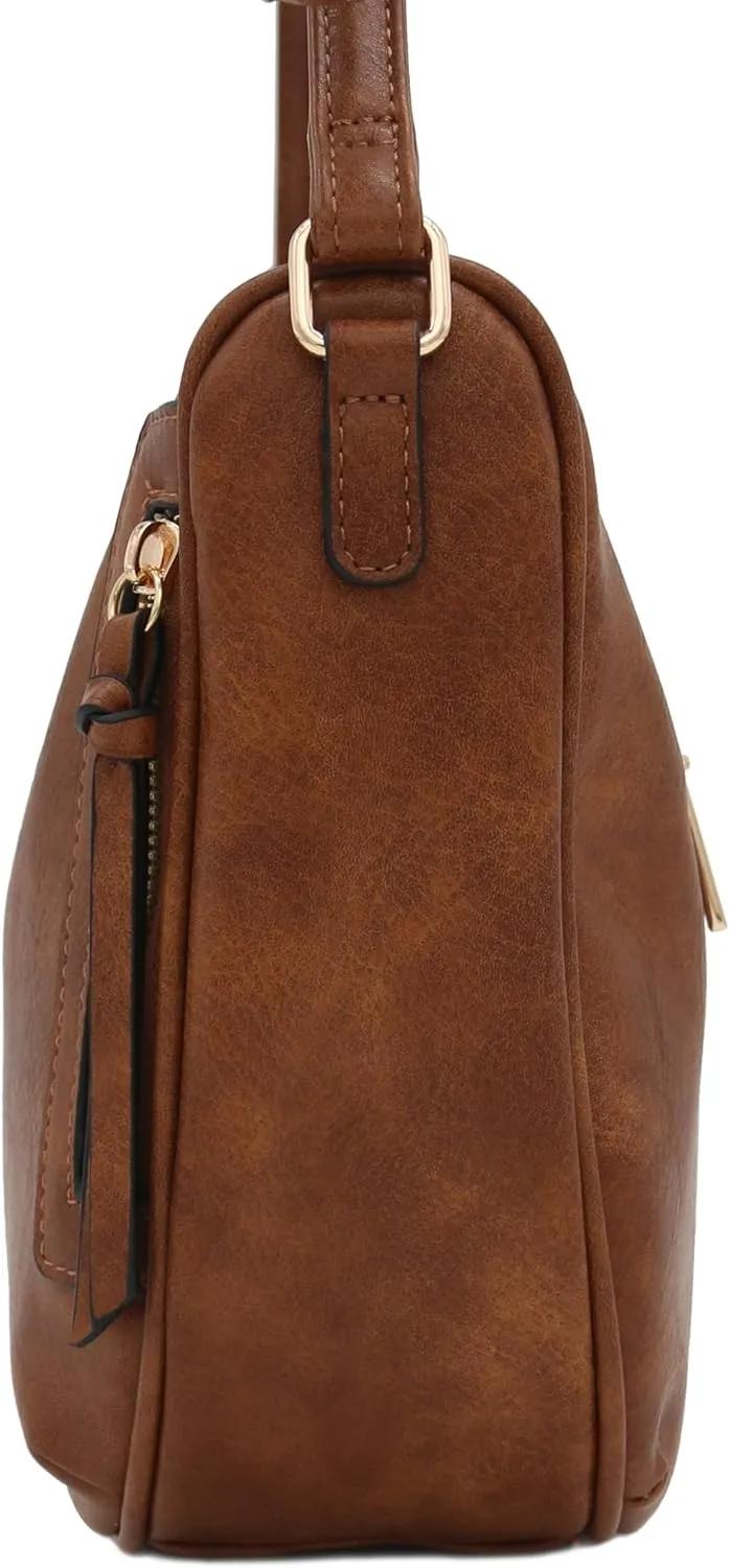 FashionPuzzle Faux Leather Two Front Zipper Pocket Crossbody Saddle Bag (Saddle Brown)
