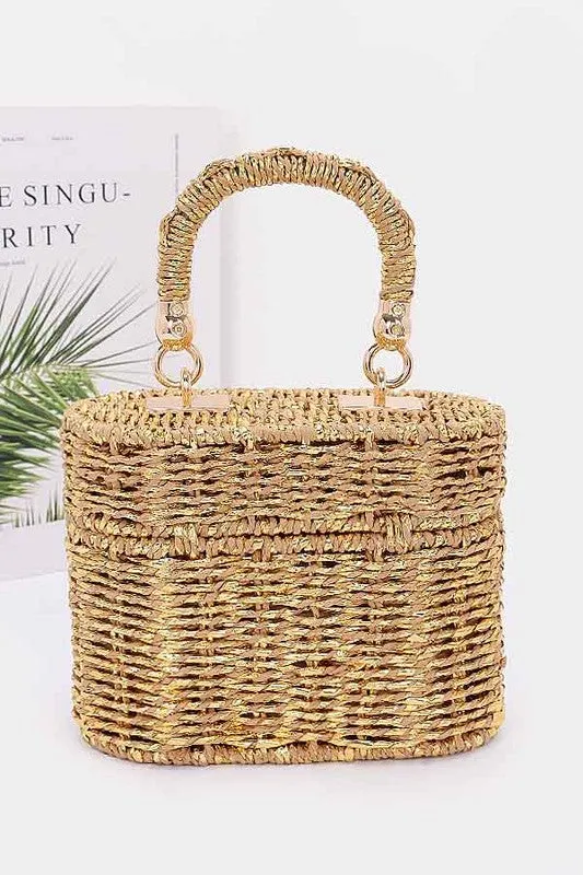 Faux Straw Metallic Top Handle Box Clutch Bag