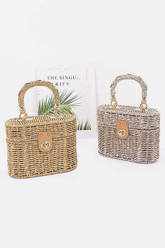 Faux Straw Metallic Top Handle Box Clutch Bag