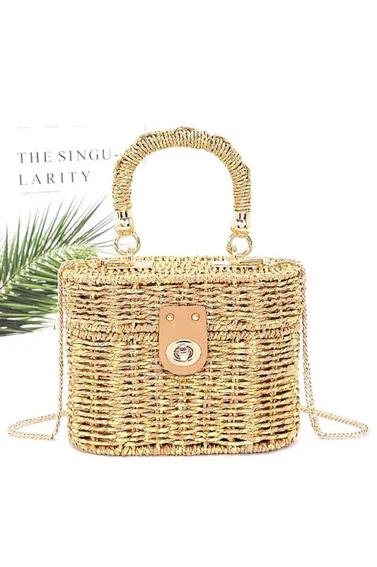 Faux Straw Metallic Top Handle Box Clutch Bag