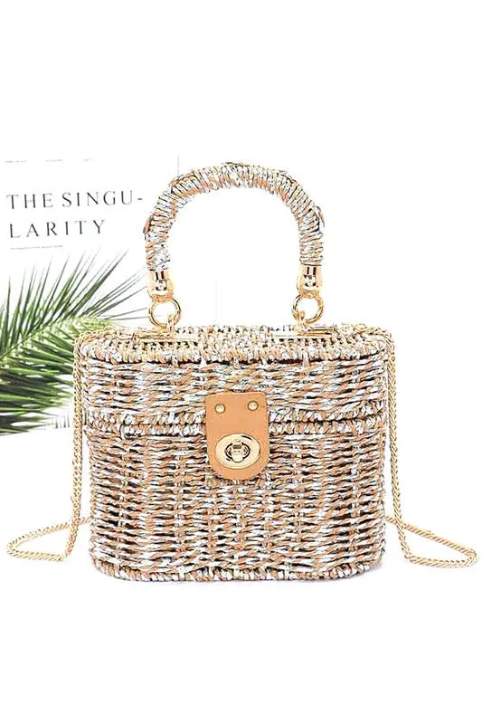 Faux Straw Metallic Top Handle Box Clutch Bag