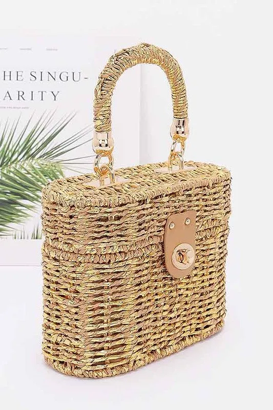 Faux Straw Metallic Top Handle Box Clutch Bag