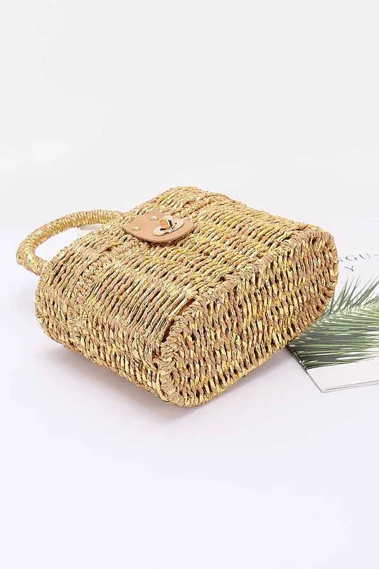 Faux Straw Metallic Top Handle Box Clutch Bag