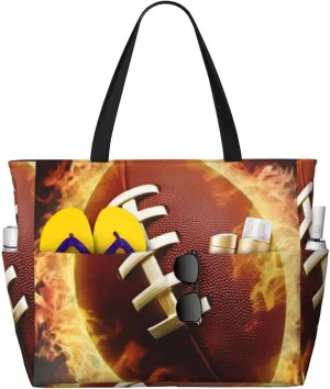 Flaming American Football printed Large Capacity Beach Travel Bag Ladies Beach Bag Multifunctional Handbag