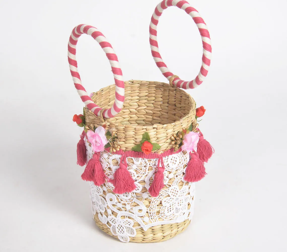 Floral Lace Tasseled Basket Woven Cane Bucket Bag