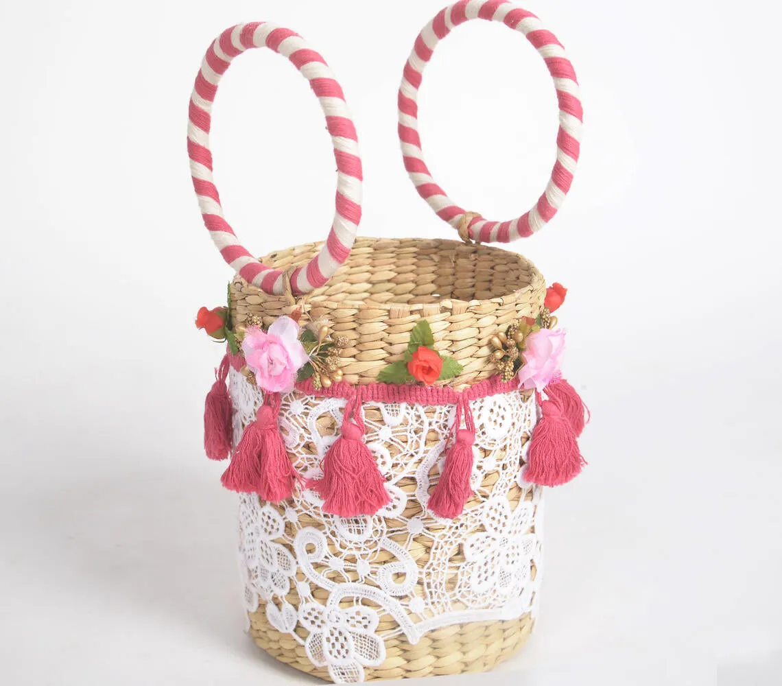 Floral Lace Tasseled Basket Woven Cane Bucket Bag