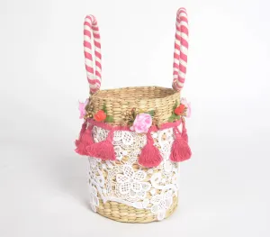 Floral Lace Tasseled Basket Woven Cane Bucket Bag