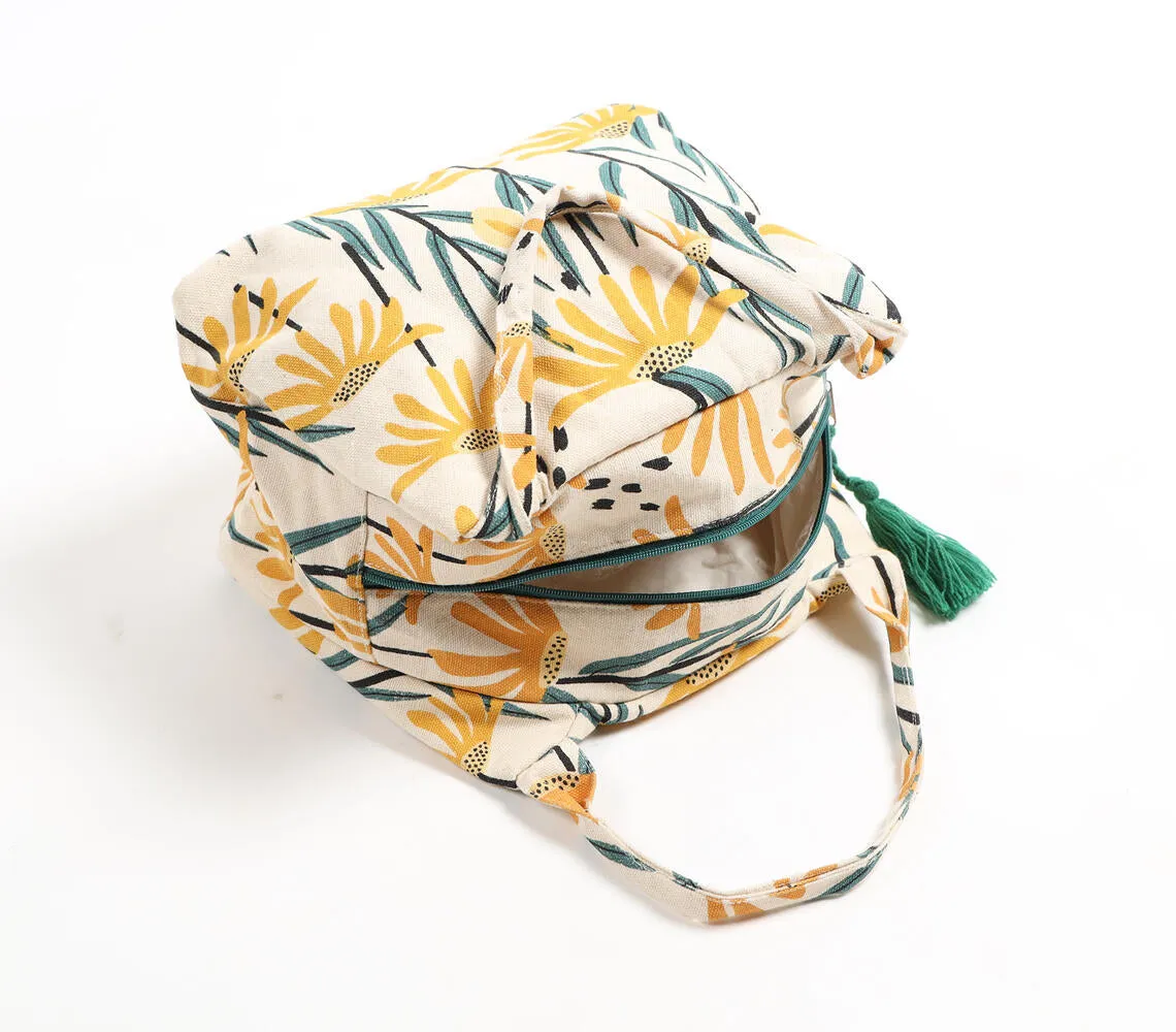 Floral Print Tasseled Pouch with Handles