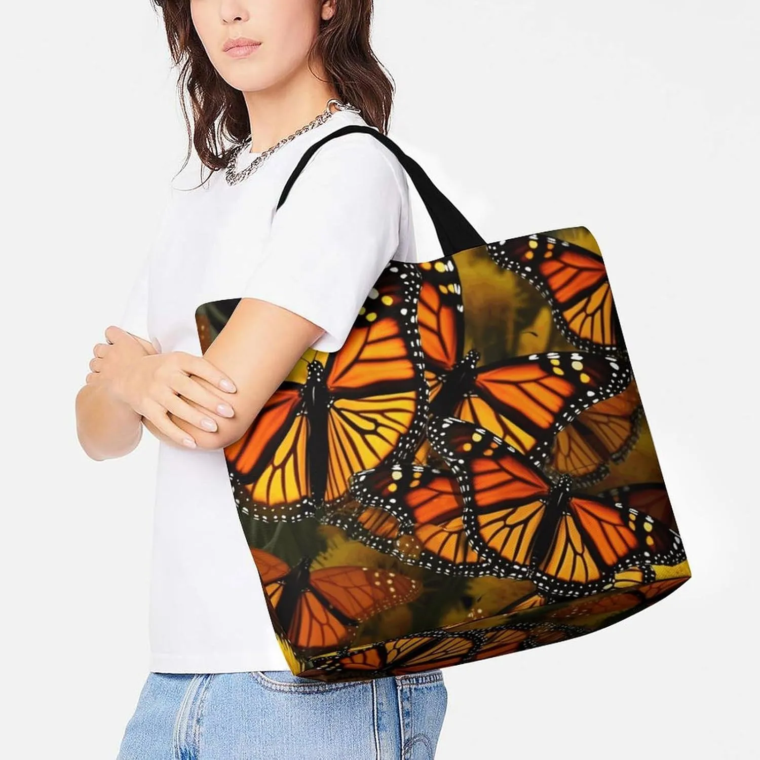 Flowers And Horses Hand Drawn Tote Bag for Women Reusable Grocery Shoulder Bag Shopping Bags for Travel, Groceries