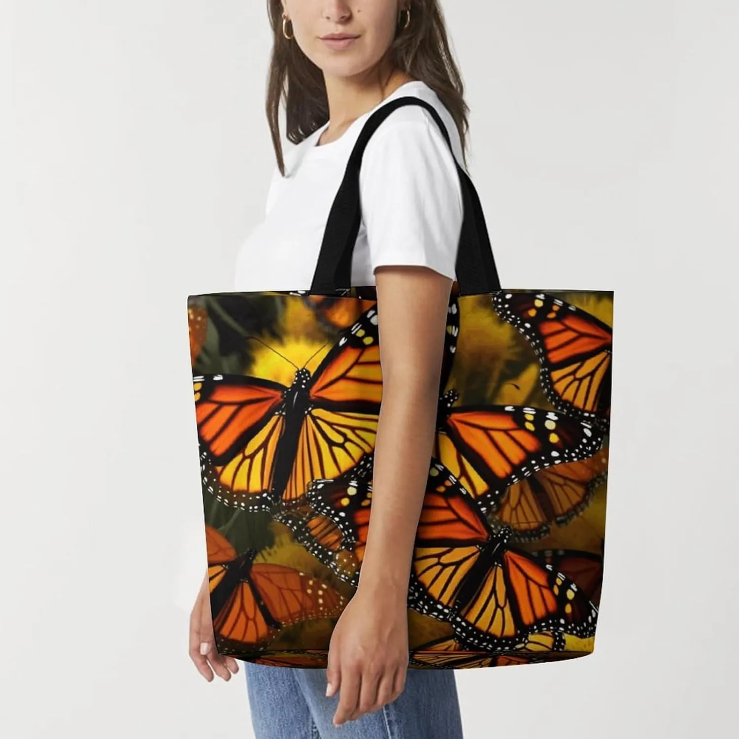 Flowers And Horses Hand Drawn Tote Bag for Women Reusable Grocery Shoulder Bag Shopping Bags for Travel, Groceries