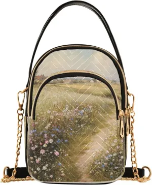 Flowers Meadow Path Beige Multi Pockets Crossbody Bags for Women Zip Cell Phone Purse Wallet Bag with Detachable Shoulder Strap Small Crossbody Purse for Girls Women Trendy Gift Shopping Traveling