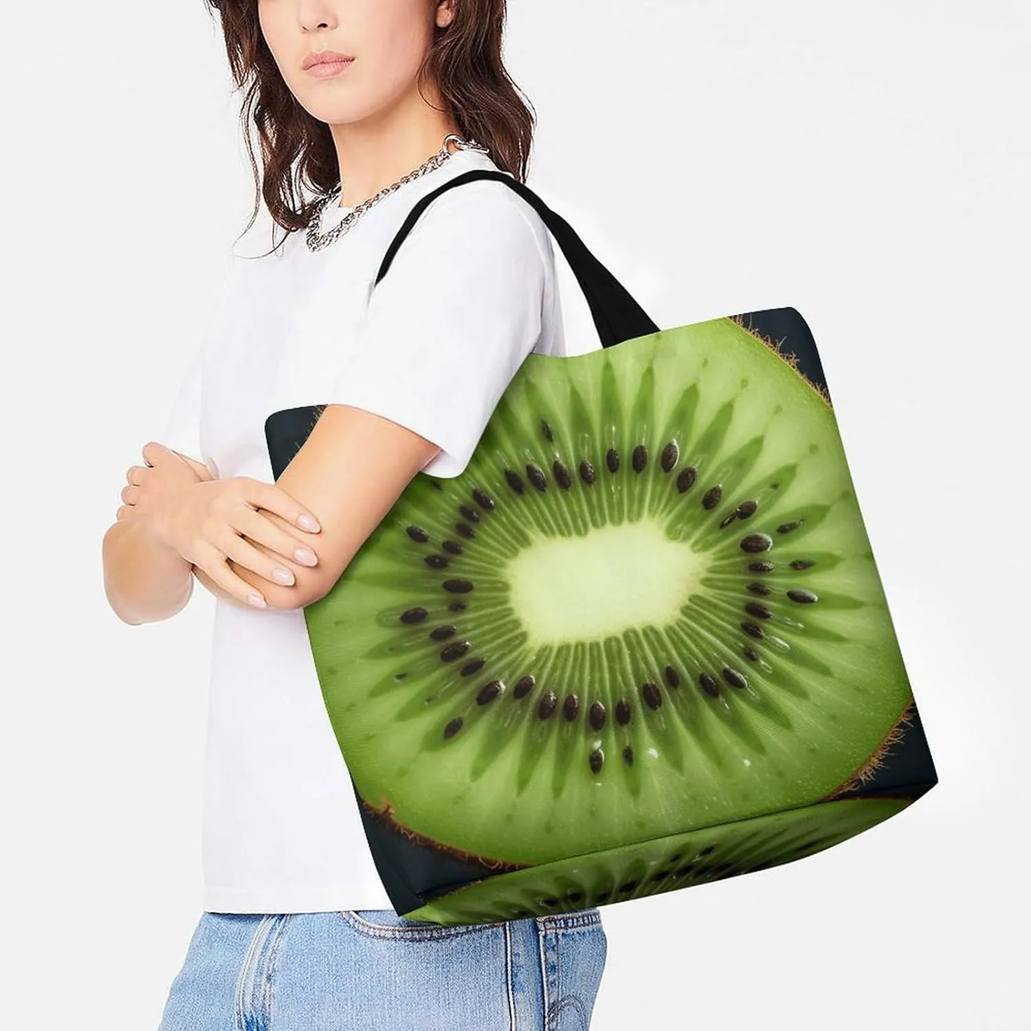 Foldable Grocery Bag Reusable Shopping Bag Kiwi Slice Tote Bag Casual Handbags for Work Shopping