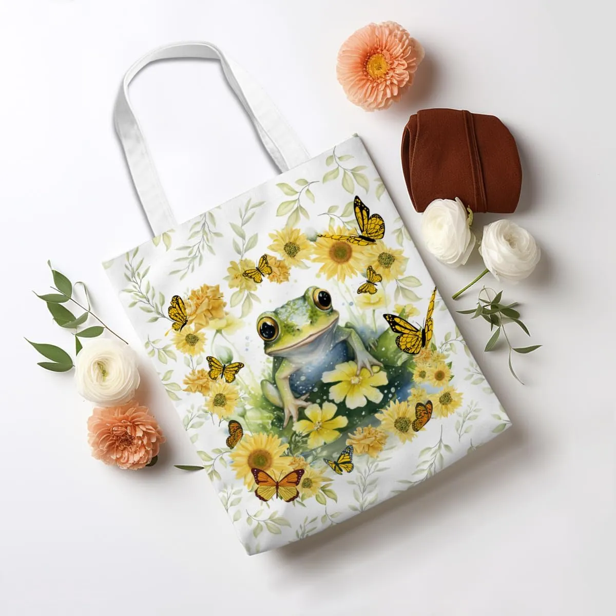 Frog Decor Canvas Tote Bag for Women - Cute Beach & Christmas Gifts - Reusable Grocery Bags