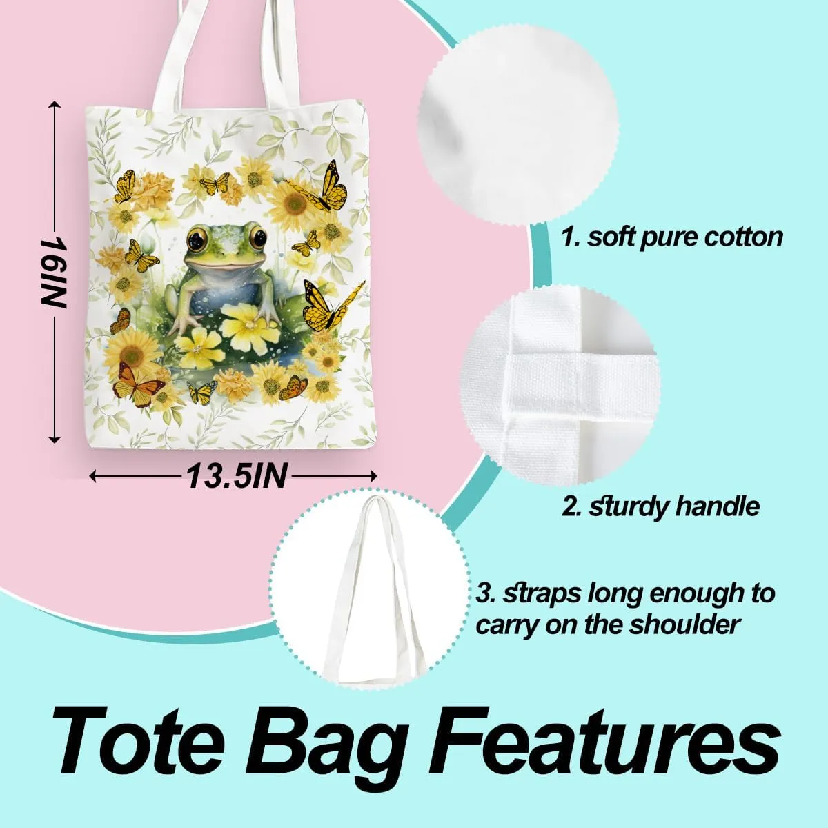 Frog Decor Canvas Tote Bag for Women - Cute Beach & Christmas Gifts - Reusable Grocery Bags