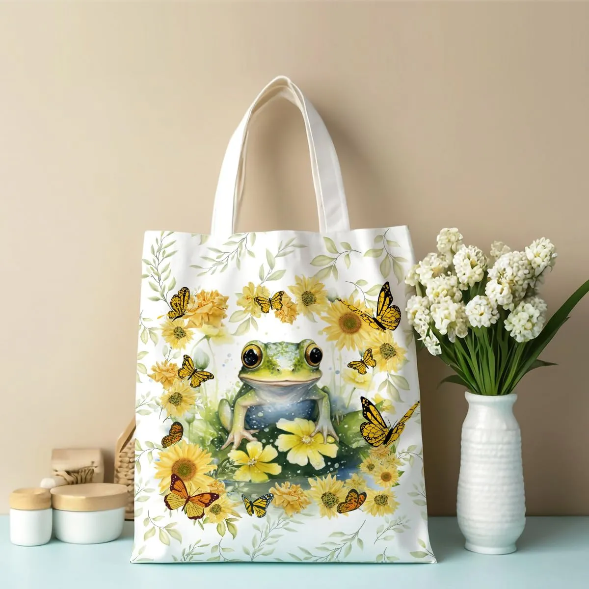 Frog Decor Canvas Tote Bag for Women - Cute Beach & Christmas Gifts - Reusable Grocery Bags