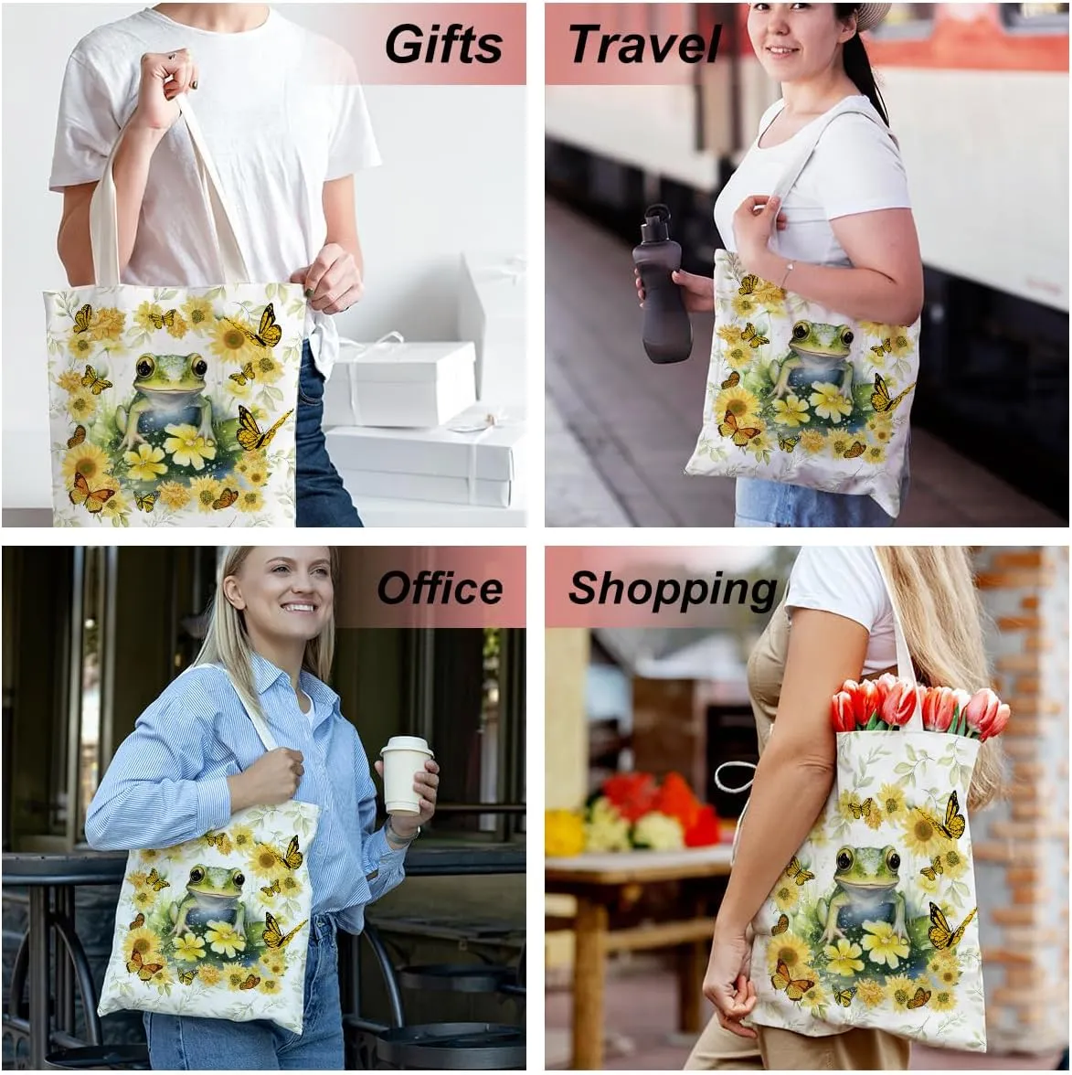 Frog Decor Canvas Tote Bag for Women - Cute Beach & Christmas Gifts - Reusable Grocery Bags