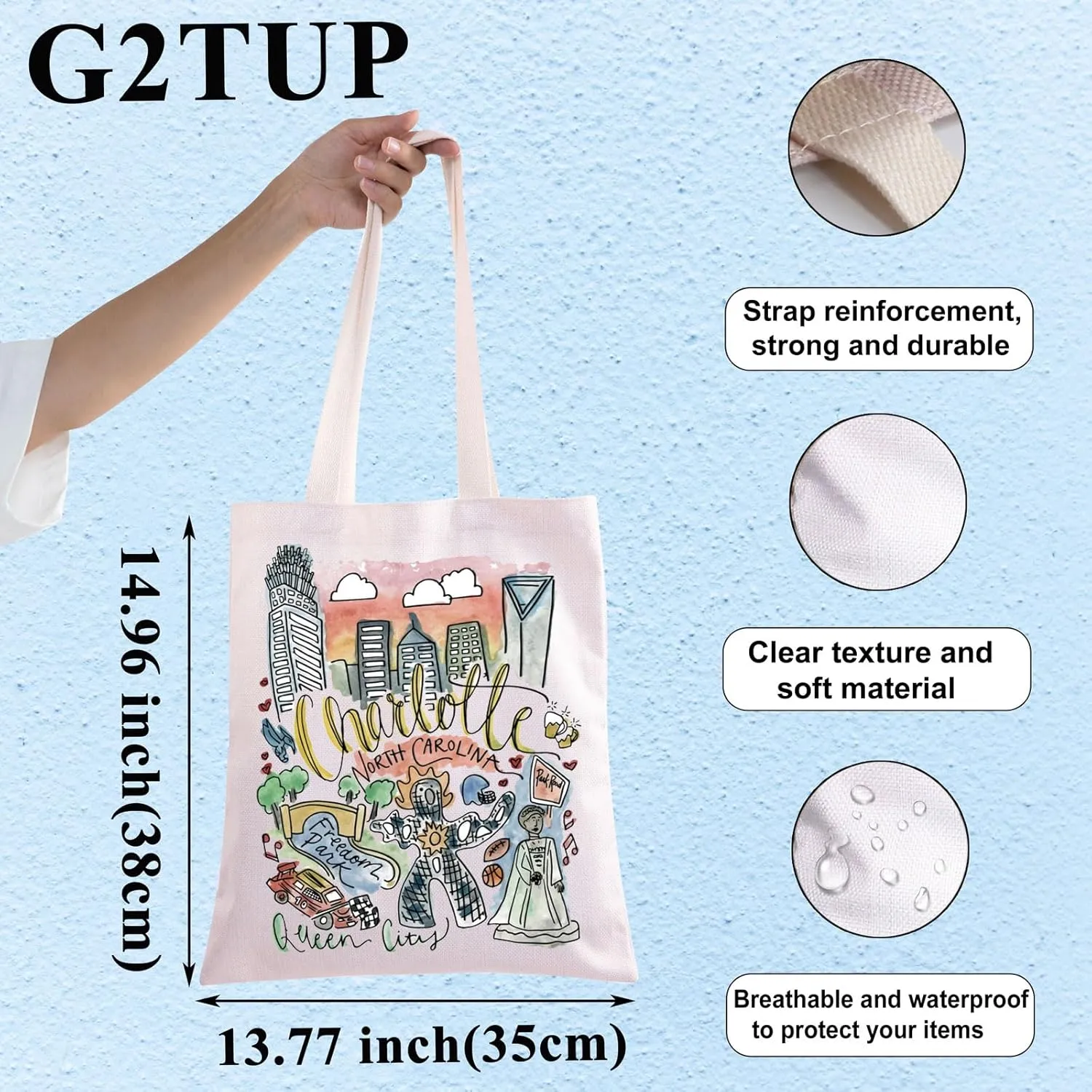 G2TUP Charlotte Travel Tote - North Carolina Landmarks Souvenir Gift Shoulder Bag