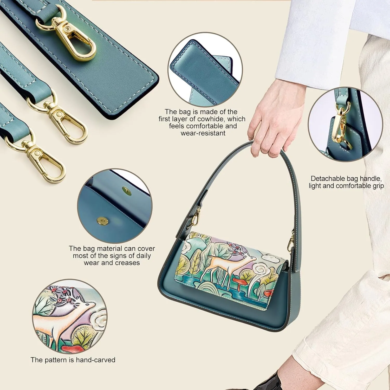 Genuine Leather Shoulder Bag for Women Hand Carved Painted Leather Clutch Saddle Bag Cute Hob