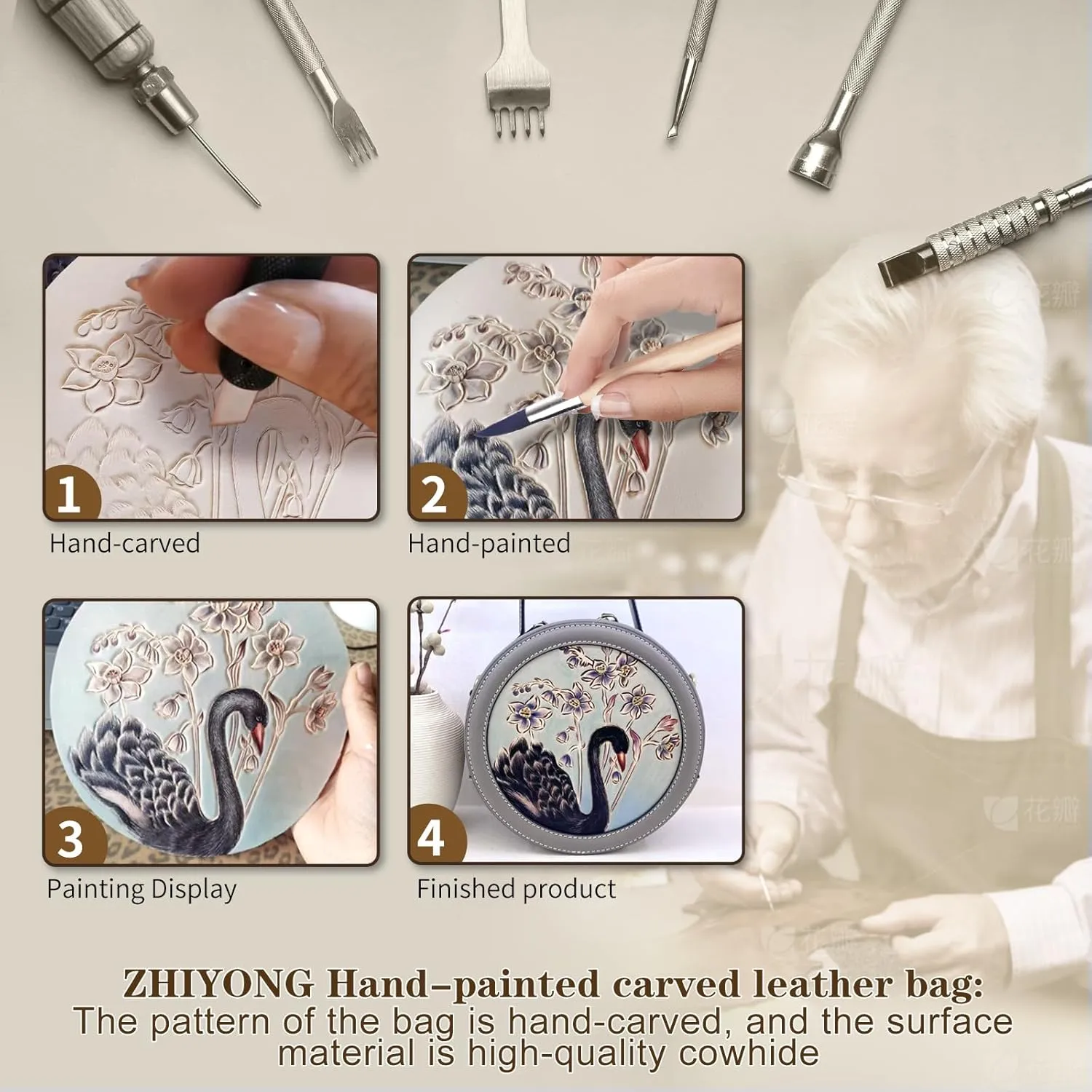 Genuine Leather Shoulder Bag for Women Hand Carved Painted Leather Clutch Saddle Bag Cute Hob
