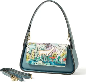 Genuine Leather Shoulder Bag for Women Hand Carved Painted Leather Clutch Saddle Bag Cute Hob
