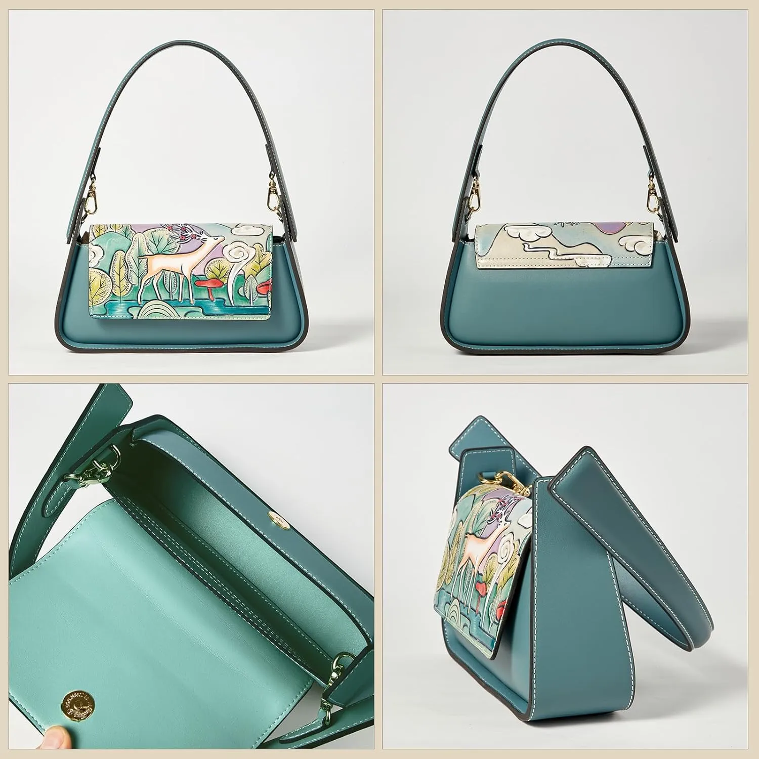Genuine Leather Shoulder Bag for Women Hand Carved Painted Leather Clutch Saddle Bag Cute Hob