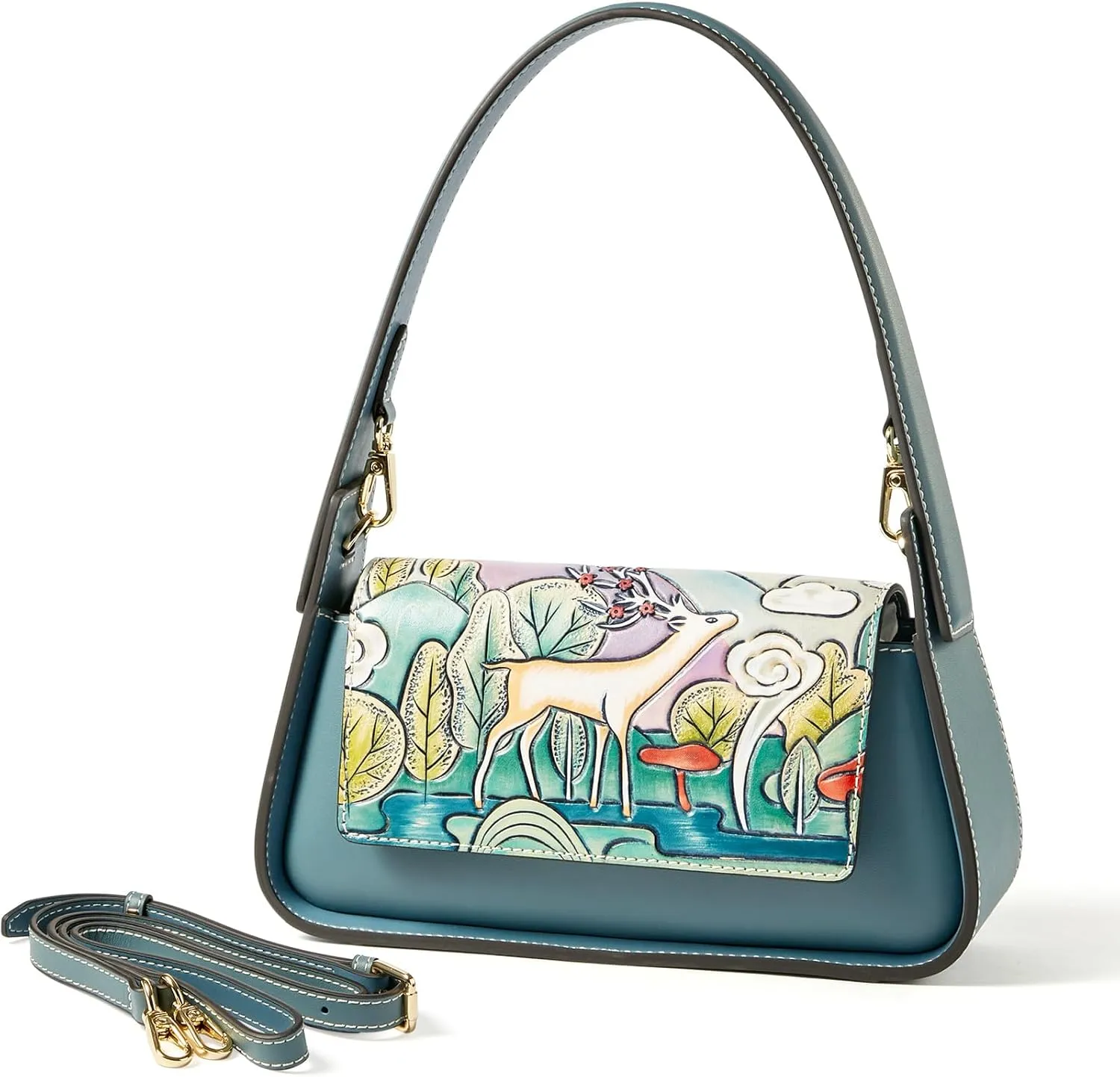 Genuine Leather Shoulder Bag for Women Hand Carved Painted Leather Clutch Saddle Bag Cute Hob