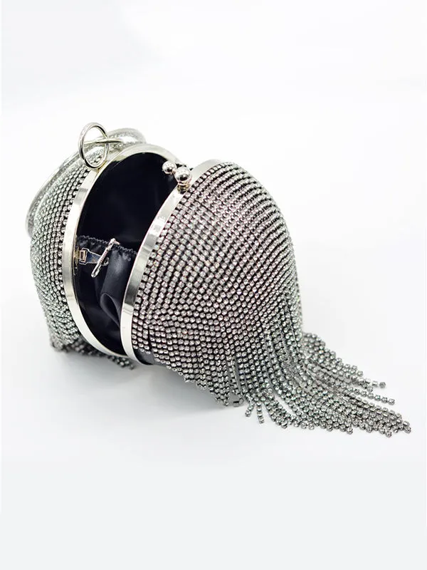 Geometric Rhine Stones Solid Color Tasseled Handbags