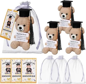 Gerrii 3 Pack 2025 Positive Graduation Crochet Bear Gift Grad Tassel Bear Decoration with Congratulation Cards Tag Organza Bags for Middle High School College Graduation Party Supplies (Black)