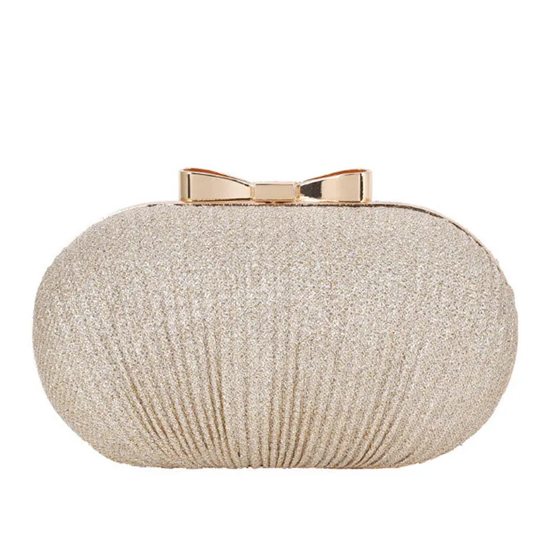 Gold Ruched Mini Clutch Bag with Metallic Bowknot Trim
