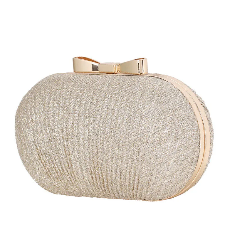 Gold Ruched Mini Clutch Bag with Metallic Bowknot Trim