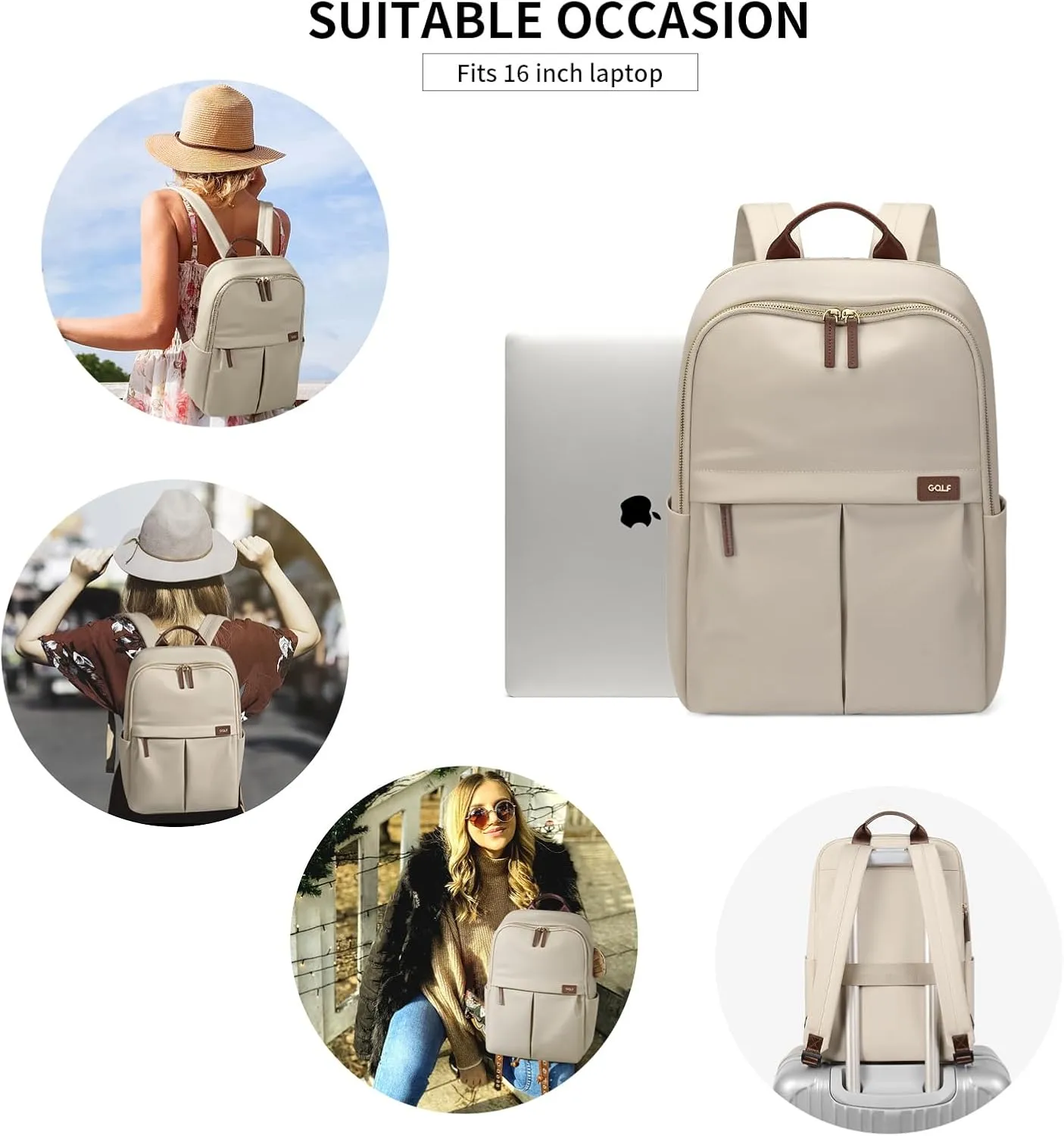 GOLF SUPAGS Laptop Backpack with Separate Laptop Compartment Water Resistant Computer Backpacks Fits 15.6 Inch Notebook Travel Work Bags for Women (Apricot)