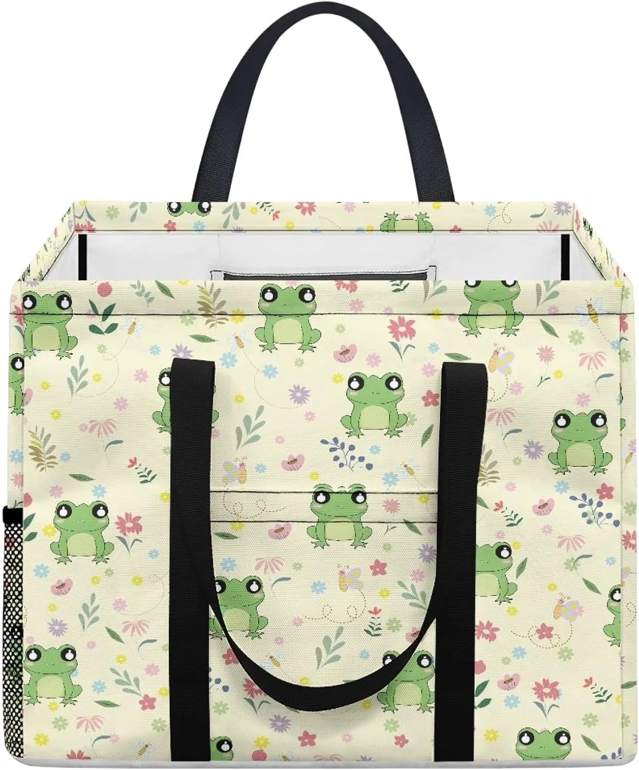 GOSTONG Funny Frog Flower Stand Up Utility Tote Bag 13x15 Inch Large Capacity Foldable Shopping Tote Purse with Long Handles and One Mesh Pocket for Grocery Stores